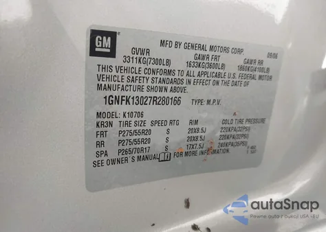 2007 Chevrolet Tahoe Ltz z USA, uszkodzony, nr VIN 1GNFK13027R280166